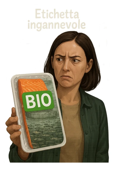 Scena in un supermercato moderno: uomo o donna tiene in mano una confezione di salmone etichettata 'BIO', con un grande bollino verde. Ma in trasparenza, dietro l’etichetta, si intravede un allevamento intensivo di salmoni in gabbie marine, acqua torbida e pesci ammassati. Espressione del cliente confusa e sospettosa. Sopra la testa, testo simbolico fluttuante: 'Etichetta ingannevole'. Colori contrastanti: confezione brillante ma realtà di fondo grigia e artificiale. Stile realistico con elementi simbolici forti sticker