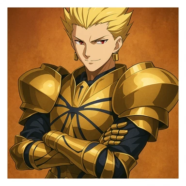 Gilgamesh from Fate anime, golden armor, spiky blond hair, confident expression, anime style sticker