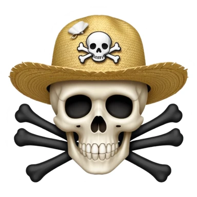 Small Straw Hat skull logo, white skull with straw hat, crossbones, bold flat vector, black background, 1:1 sticker