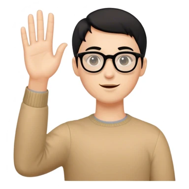 Ragazzo con capelli corti neri, carnagione chiara, occhiali neri, occhi a mandorla che saluta sticker