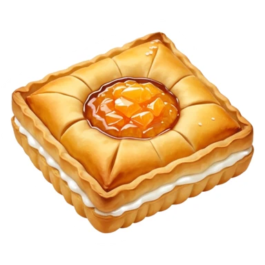 pastelito de batata, open pastry, orange batata jam oozing out, sugar crystals sticker