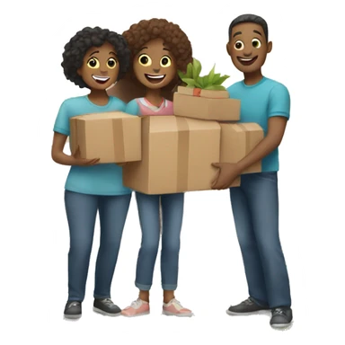 Happy family holding boxes outside of their house  sticker