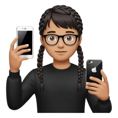 He's wearing black, left braided hair, full bangs, bangs and glasses, and taking a mirror selfie with a white iPhone sticker