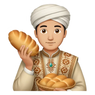 Uzbek man wearing traditional clothing and holding a national bread  sticker