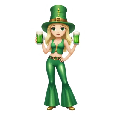 Blonde haired girl in glittery green bell bottoms and tall leprechaun hat holding a green beer sticker
