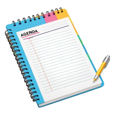 A colorful spiral notebook with 'AGENDA' at the top and bullet point items below it sticker