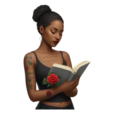Hyper Realistic beautiful woman model with a small rose tattoo reading a book  sticker