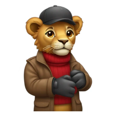 León con guantes de box y abrigo rojo con lana en el cuello  sticker