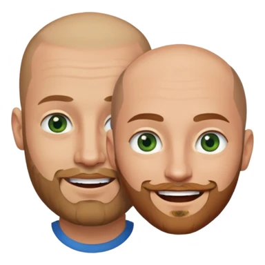 Shaved head man with dark blonde beard and blue eyes with mouth closed smile with brown haired woman with green eyes sticker