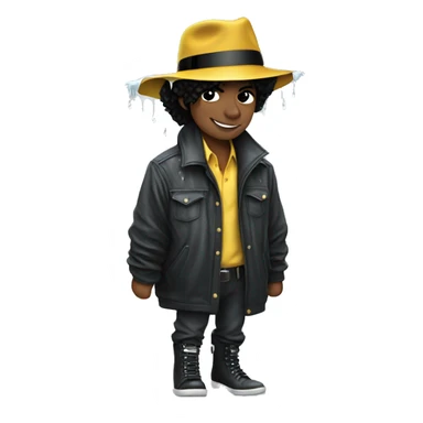 Michael Jackson in the rain with a jacket and a hat sticker