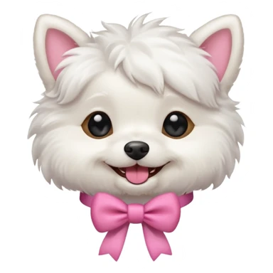 white small fluffy dog giggling with a pink bow sticker