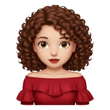 Brown hair curly hair shoulder length brown eyes white skin girl wearing a off shoulder dark red top sticker