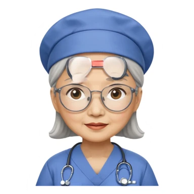 OLD ASIAN WOMAN WITH GLASSES, NURSE SCRUBS, CAP sticker
