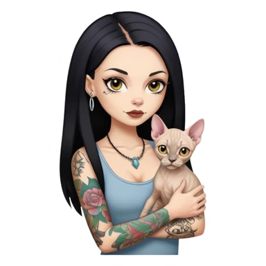 white girl with long black  straight hair and tattoos and  a Devon rex sticker