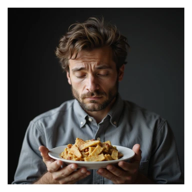 uomo di circa 20 anni, triste, che mangia un piatto di pasta, espressione triste, iperrealismo 4K, variazione 6 sticker