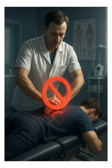 cinematic vertical illustration in a modern osteopathic clinic, European male osteopath in his 40s with light skin and short brown hair wearing a fitted white medical coat standing beside a professional treatment table performing high-velocity spinal manipulation on a patient lying prone, large glowing red prohibition symbol hovering over patient's back indicating technique not suitable for postural asymmetry, softly blurred background with anatomical charts and medical equipment, dramatic directional lighting highlighting the action, cool clinical color palette, subtle vignette for focus, scene like a frame from a medical drama with tension and caution sticker