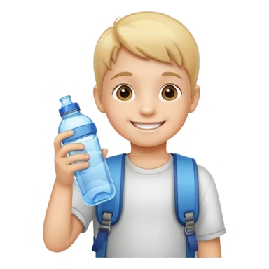 child holding a water bottle, smiling, friendly and cute sticker