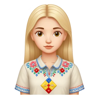 A Ukrainian girl in an embroidered shirt holds a diagram sticker