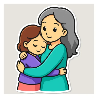Change colors: girl with brown hair and purple t-shirt, mother with gray hair and aqua green dress, in sticker style. sticker