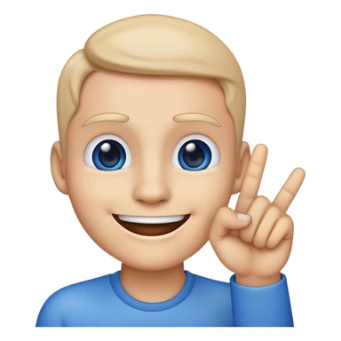 blue emoji smiling while finger pointing at jawline sticker