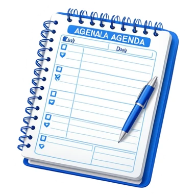 An open daily planner showing agenda items with checkboxes for a meeting sticker