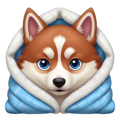 cute, disney-style, red siberian husky with blue eyes cozy in a blanket sticker