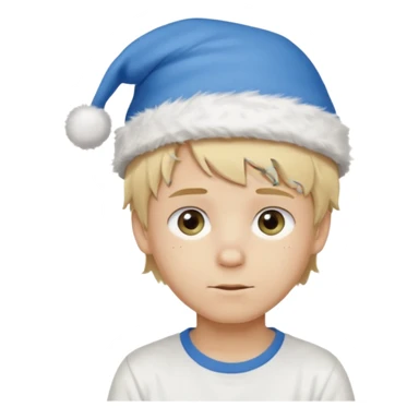 create boy blonde hair long messy, light eyes, white t shirt, rich, long hair, eyes blue, acessory head cristimas blue hat, fluffy hair medium long hair sticker