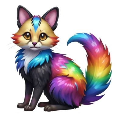 Hyper realistic  tar-black fur drenched in rainbow oil slick like spilled cosmos beautiful elegant pretty precious cute  Fakémon-Pokémon-opossum-feline-serval-caracal-chinchilla-Furret-Minccino-hybrid-creature with a big fluffy bushy tail (full body) sticker