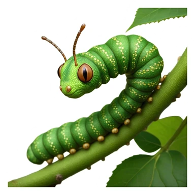 Cinematic Realistic Noble Caterpillar Portrait Emoji, Poised and serene, with a slender, segmented body covered in vivid, detailed green scales accented by subtle natural patterns, and a tiny, focused face with delicate, inquisitive eyes, rendered with lifelike texture and soft natural lighting, high shine, intelligent and delicate, styled with an air of woodland elegance, focused and attentive, soft glowing outline, capturing the essence of a watchful and confident looper caterpillar that appears ready to inch gracefully out of the screen with natural authority! sticker
