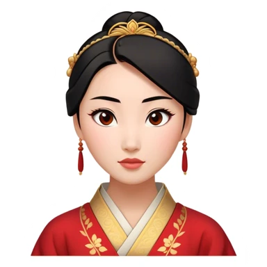 Cinematic Elegant Mulan Portrait Emoji, rendered in a realistic, vector-style with minimal shading and bold, simplified shapes. Depict Mulan (chest and above) with warm, light-toned skin, almond-shaped eyes, and sleek black hair styled in a traditional bun. She wears a modest, traditional robe with subtle red and gold accents, glowing with a soft, refined radiance and high shine, capturing timeless beauty and inner strength. sticker