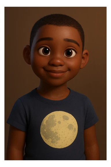 Pixar style dark-skinned girl with very short hair, wearing a t-shirt with a moon drawing sticker