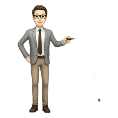 Pale skinned fit man with dark brown hair in gray jacket, beige office shirt, brown tie, brown pants and vintage glasses Writing text on a marker board sticker
