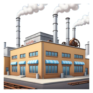 Outside view of an industrial cookie factory, multiple smokestacks, thick metal pipes crisscrossing the facade and roof, large windows hinting at inner machinery, emoji-style sticker