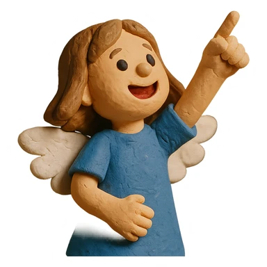 girl with light brown shoulder-length hair and white wings joyfully pointing to the sky sticker