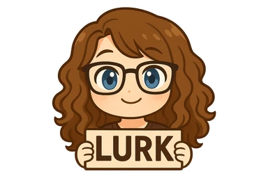 Create a chibi sticker emoji of a person with glasses and curly hair holding a 'LURK' sign. The style should be cute and expressive with a transparent background. sticker