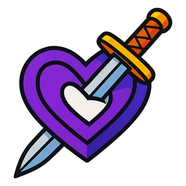 purple and white heart with a katana sword piercing through the center, vibrant toon style sticker