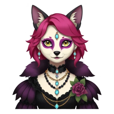 Multicolored gloomy dark edgy Victorian spooky hot warm badass realistic floral exotic Falvie-Fionbri-fursona, full body, wearing jewelries sticker