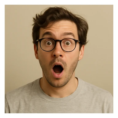 white male with glasses and brown wavy hair, surprised expression, simple background sticker