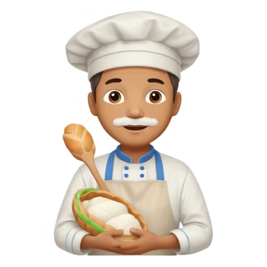 Middle aged male pastry chef - apron, white hat, holding a bag of bread sticker