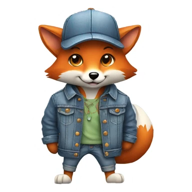 cartoon fox with mouse and denim jacket and hat and glass sticker