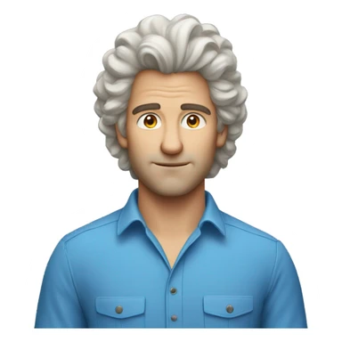 caucasian man in blue shirt with big hair sticker