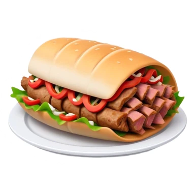 Cinematic Realistic Doner Kebab Dish Emoji, showcasing succulent, spiced meat shaved from a rotating spit rendered with lifelike detail and dynamic, appetizing lighting. sticker