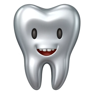 human tooth emoji, smooth chrome ceramic-metal texture, clean medical luxury aesthetic, isolated on white sticker