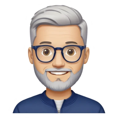 Man with light skin, high fade haircut (extremely short gradient from sides to top), short peppered gray beard, large black-framed glasses, smiling face, navy blue zip-front sweatshirt with long sleeves sticker