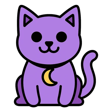 purple cat with large black eyes, wide black smile with no teeth, gold moon pendant on its neck, modern icon style sticker