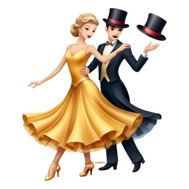 Humanless Icon for Ballroom Dancing: a pair of elegant dance shoes, a flowing dress, a top hat, and a dance floor spotlight. The icon should represent the elegance and atmosphere of ballroom dance, focusing on the iconic dance elements. Transparent background. sticker