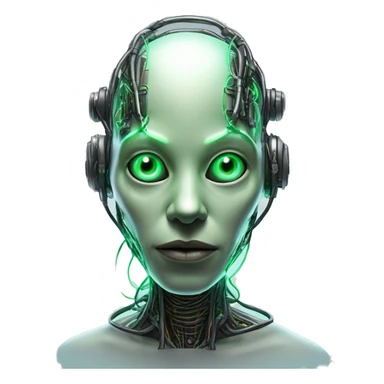 Round Alien cyborg head with glowing wires and green eyes  sticker