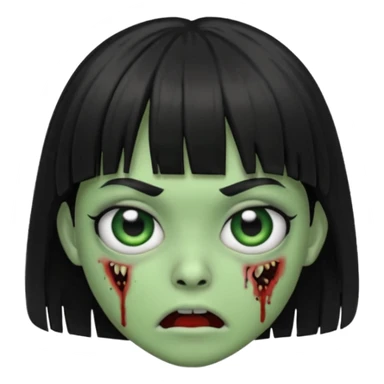 scary zombie emoji, green skin, medium black hair with bangs, wide eyes sticker