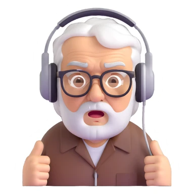 Brown old man with medium white hair, wearing glasses and headphones, looking surprised and angry, no facial hair, chubby, looking to the upper left corner sticker