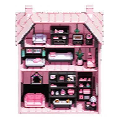 cute pastel pink dollhouse with miniature furniture sticker